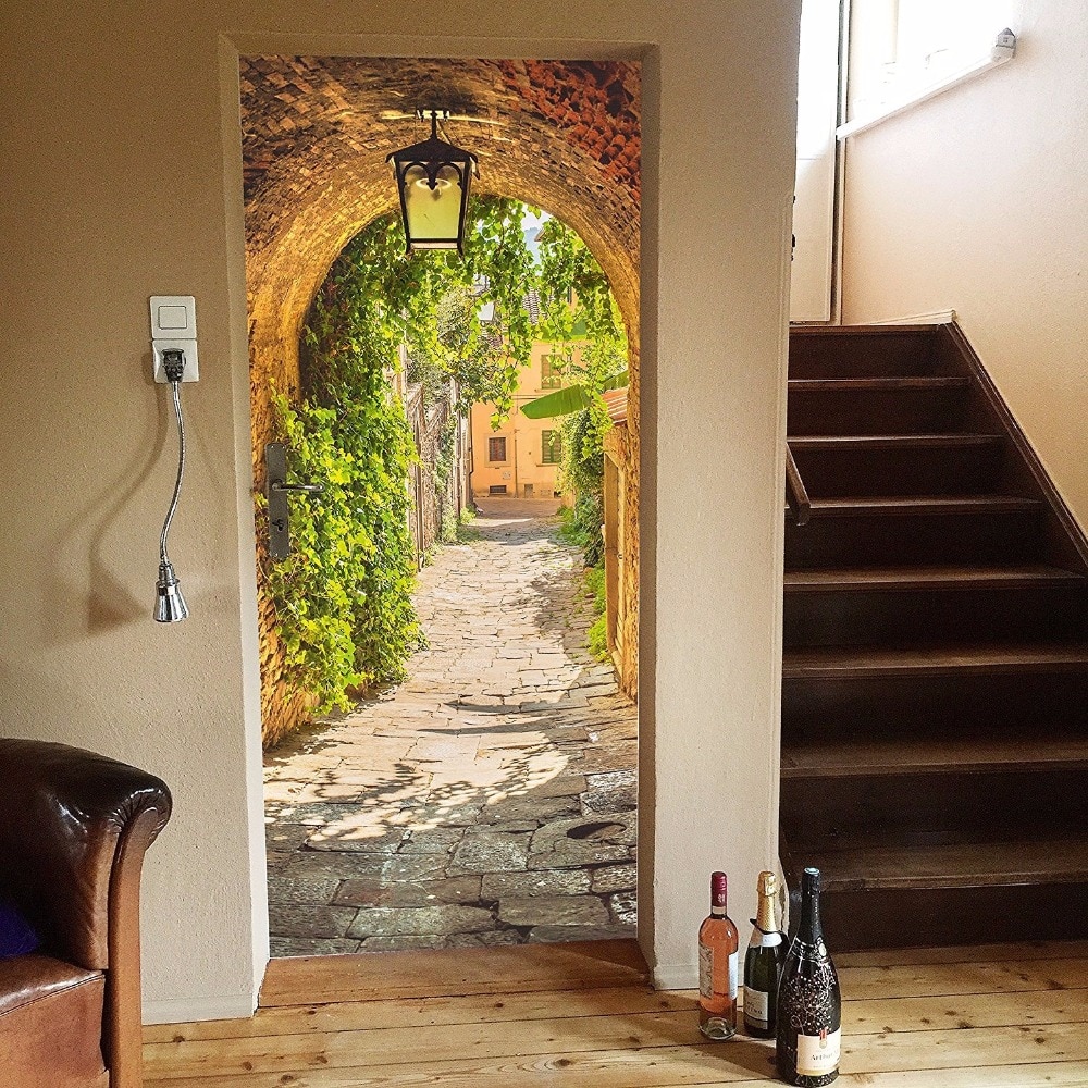 3D European town arch Door Sticker for Bedroom Living Room art PVC Waterproof Decal door wrap 77*200cm