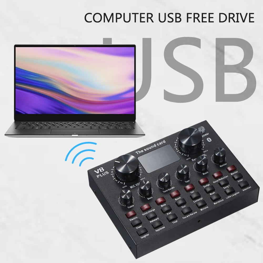 V8 Plus Live Sound Card with Audio Cable USB Cable BT Accompaniment Sound Effects Universal for Phone Computer