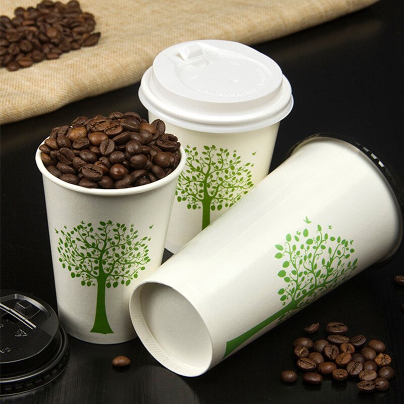 50pcs 350ml wit wegwerp cups groene boom patroon party verjaardag gunst koffie thee papier cup met deksel takeaway pakket