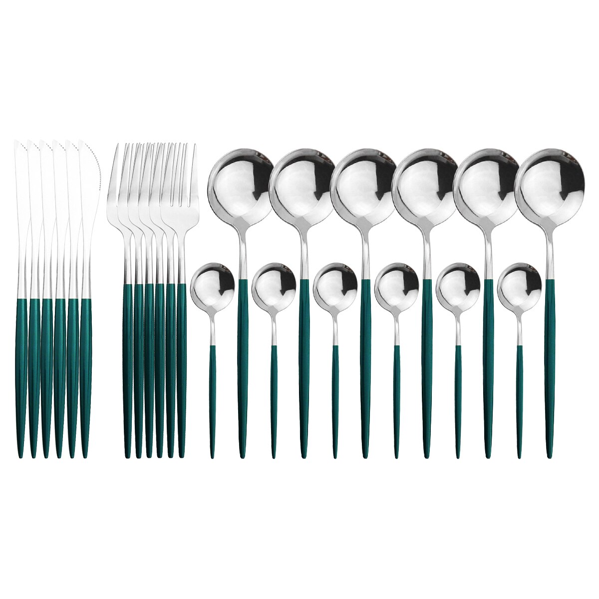 24Pcs Green Silver Cutlery Set Stainless Steel Dinnerware Set Knives Forks Spoon Dinner Tableware Set Kitchen Party Flatware Set: Green Silver