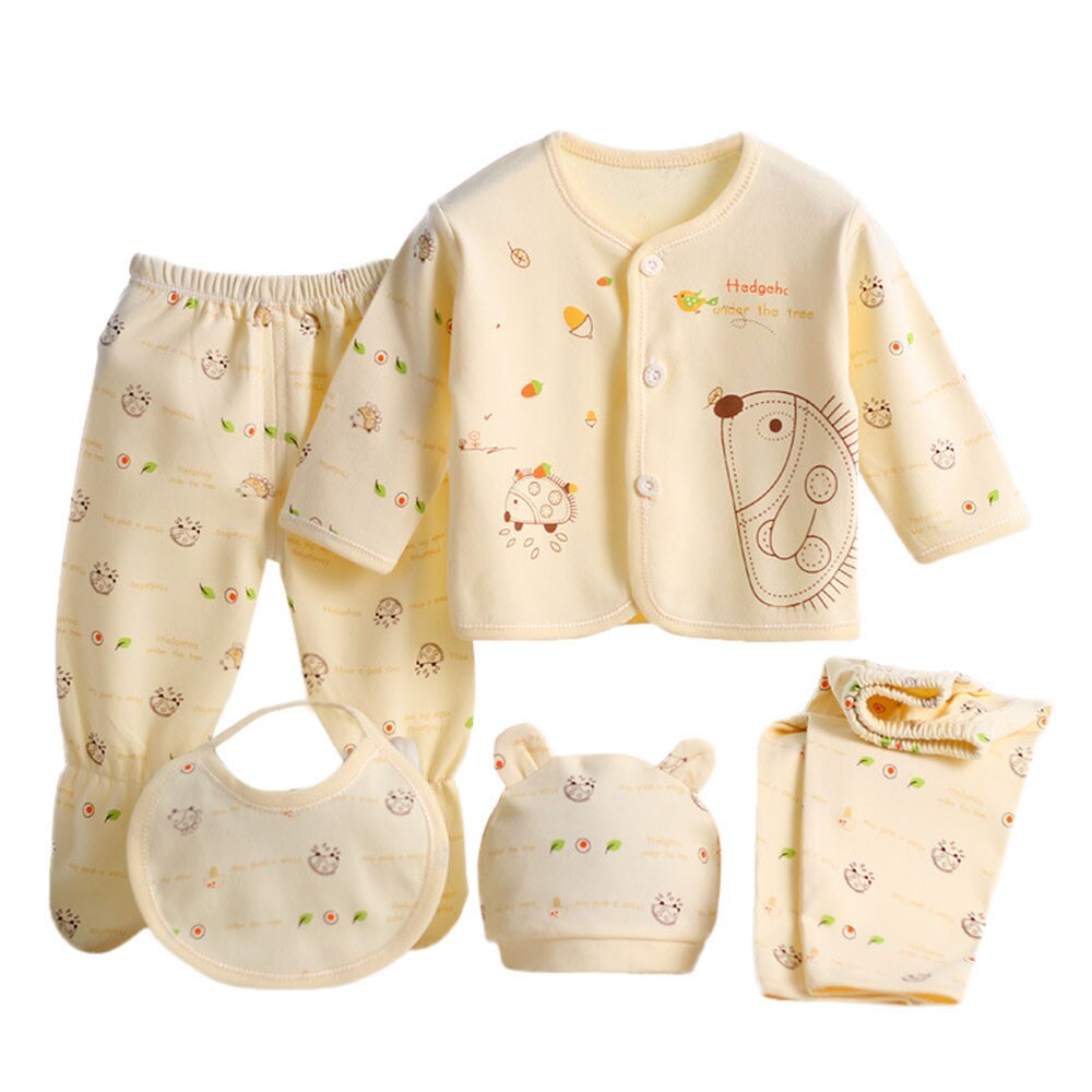 5Pcs Pasgeboren Baby Unisex Kleding Zacht Katoen Set Baby Jongen Meisje Cartoon Lange Mouwen Tops + Hoed + Broek + Bib Outfit Set Zachte Kleding: YELLOW