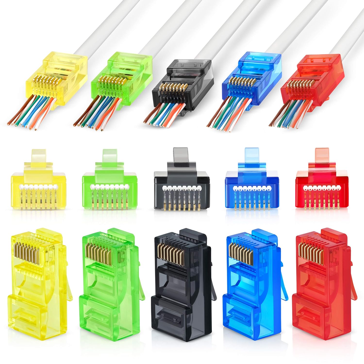 50 conectores passadores rj45 cat6, cores sortidas ez para crimpar plugue modular para cabo de rede utp sólido ou trançado: Cores Misturadas
