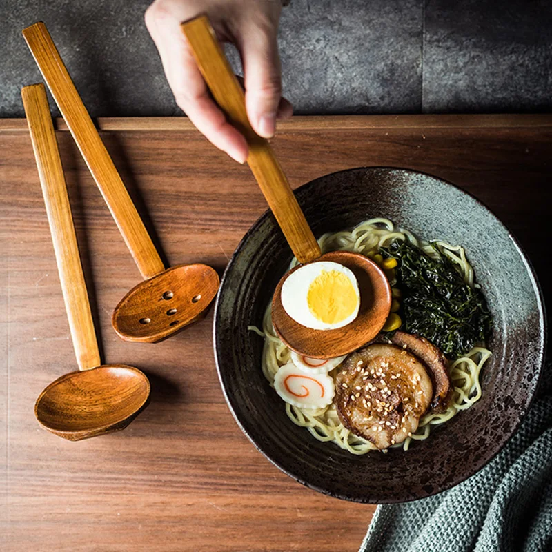2szt. Drewniana łyżka robić zupy Chochla z długim uchwytem Drewniana łyżka kuchenna Duże sitko Łyżka robić zupy Ramen Chochla Japońska zastawa stołowa
