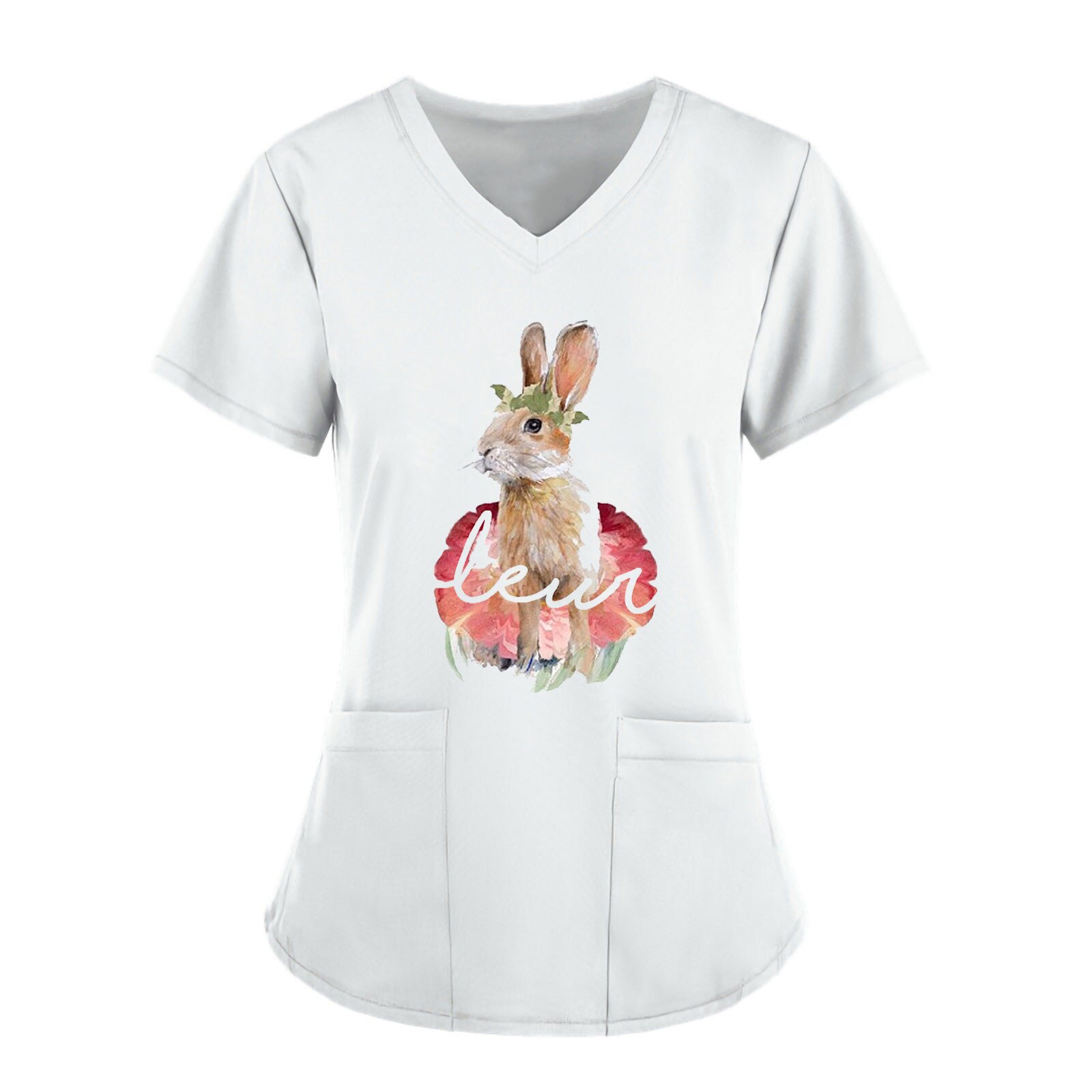 Nurse Uniform Short Sleeve V-neck Tops Working Uniform Easter Bunny Print Pocket Blouse Top uniforme enfermera mujer uniform
