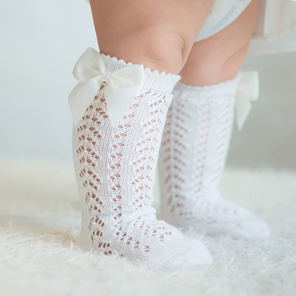 Babysocken mit schleife, sommersocken für kleinkinder, mädchen, lange kniestrümpfe, weiche baumwolle, durchbrochenes netzgewebe, prinzessinnensocken für freundlicher ab 0-2 jahren