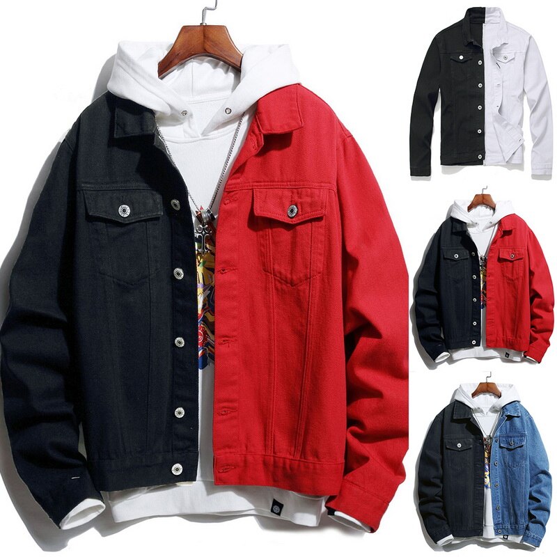 Heren streetwear zwart wit two-tone patchwork slim fit spijkerjacks motorrijders hiphop katoenen casual denim jassen jassen