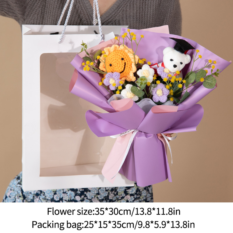 Ramo de ganchillo, ramo de flores para graduación, flor Artificial tejida, de boda, girasol acabado, graduación, de regreso a la escuela: Borgoña