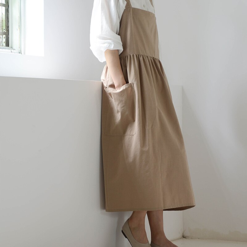 Adjustable Bib Apron with Pockets Cross Back Kitchen Chef Florist Shop Overalls Cotton Women Apron for Baking Painting Gardening: Khaki
