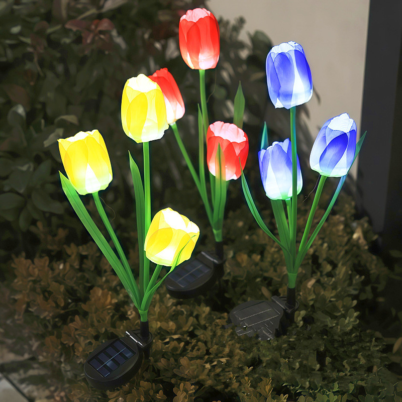 Lámpara decorativa de jardín con forma de flor de tulipán alimentada por energía Solar, iluminación de paisaje exterior única para camino de jardín, luces de estaca para césped N01