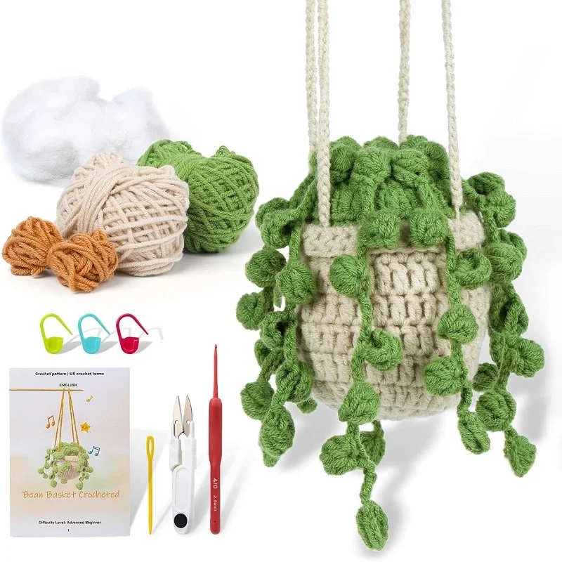 KRABALL Gehaakte hangende plantenkit voor beginners met video-tutorial Katoen breigaren Draadnaalden Haken Gebreide gereedschapsset: Light Grey