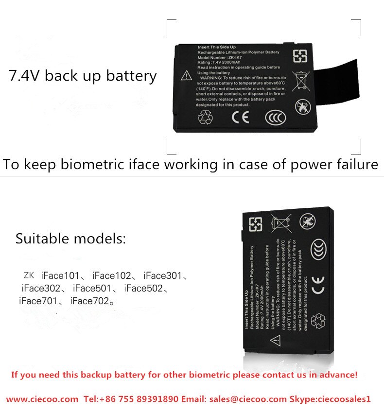 ZK Iface series Battery 2000mAH backup battery Suitable for iface302 iface 702 iface303 iface800 iface402 iface202