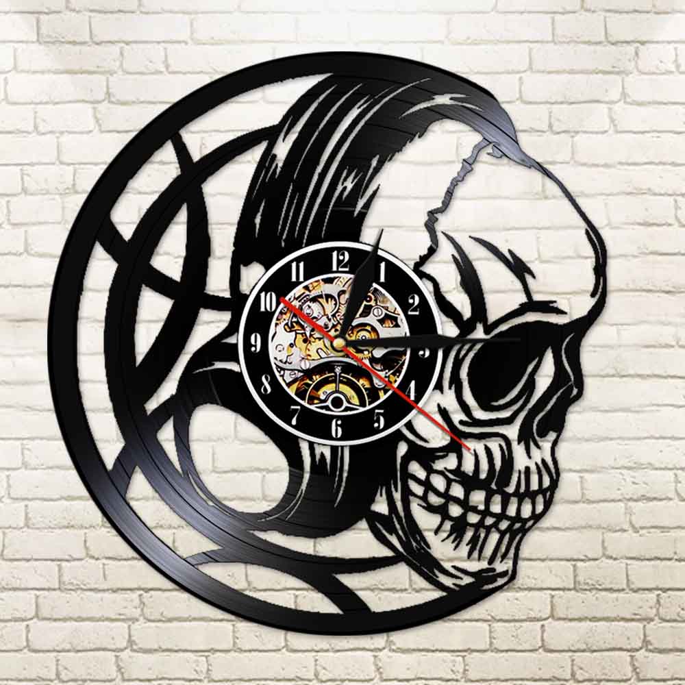 3D Watches Black Skull Head Wall Clock with LED Backlight Evil Skull Headphones 3D Lighted Sign Halloween Decorative