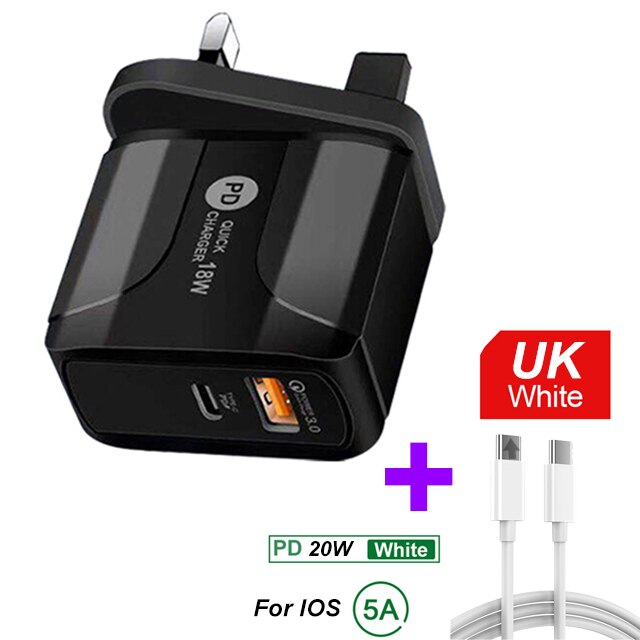 18W PD Quick Charge 3,0 USB Ladegerät EU/US/UK Stecker Handy Ladegerät Für iPhone 12 11 Pro X XR XS MAX blitz Schnelle Lade: UK Cable 1
