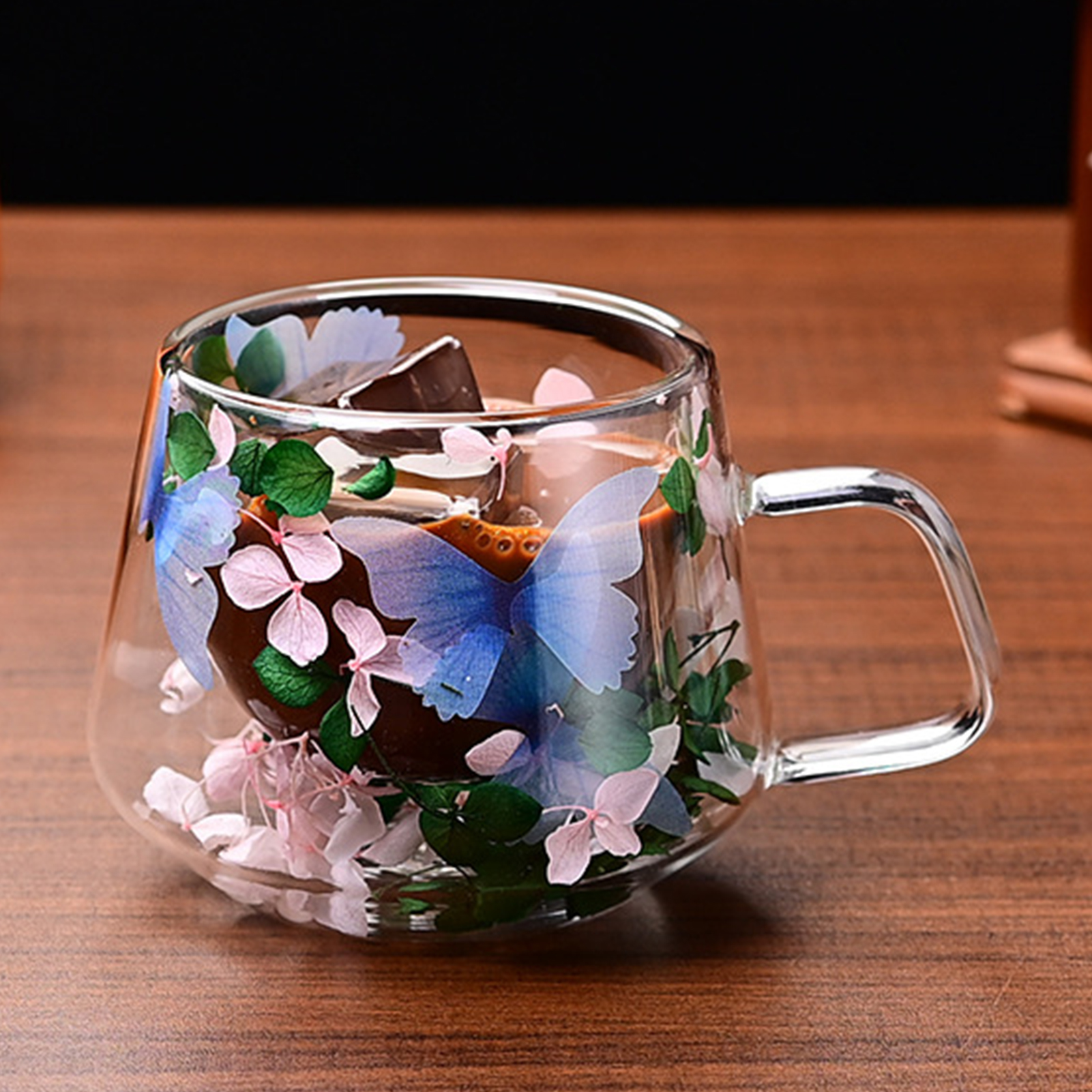 Dubbelwandige glazen koffiemok geïsoleerde bloem glazen espressokopje heldere melkbekers vulling gesimuleerde bloemen theekopje sap waterbeker: Bordeaux