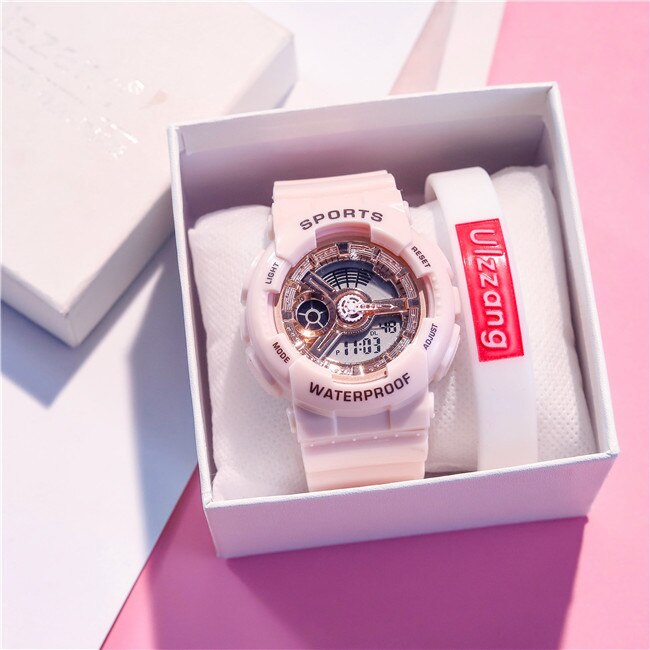 Unieke dameshorloges, wit dames sporthorloge, waterdicht, dual time led digitaal horloge voor meisjes en jongens, trendy: Roze goud wit