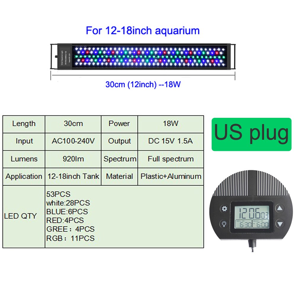 7 Colors Auto On Off LED Aquarium Lamp Full Spectrum Light Fixture for Freshwater Planted Tank Build in Timer Sunrise Sunset: 12-18inch US