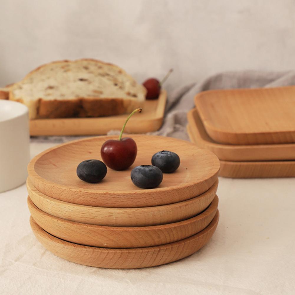 Wood Serving Plate, Wood Square & Round Serving Tray, Fruit Dessert Cake Snack Candy Platter Wooden Bowls Plate Tableware
