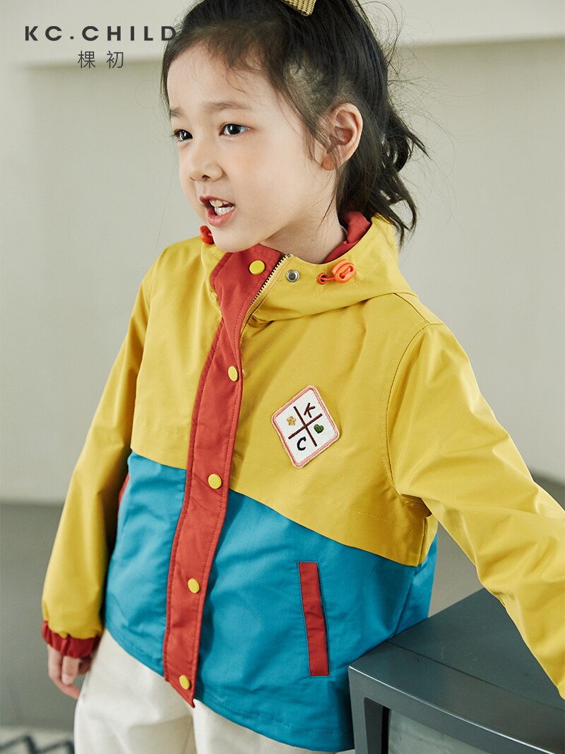 KC.Child Fall Children's Trench Coat Kid's Waterproof Coat Color-block Hooded Rain Jacket Toddler's Trench Windbreaker