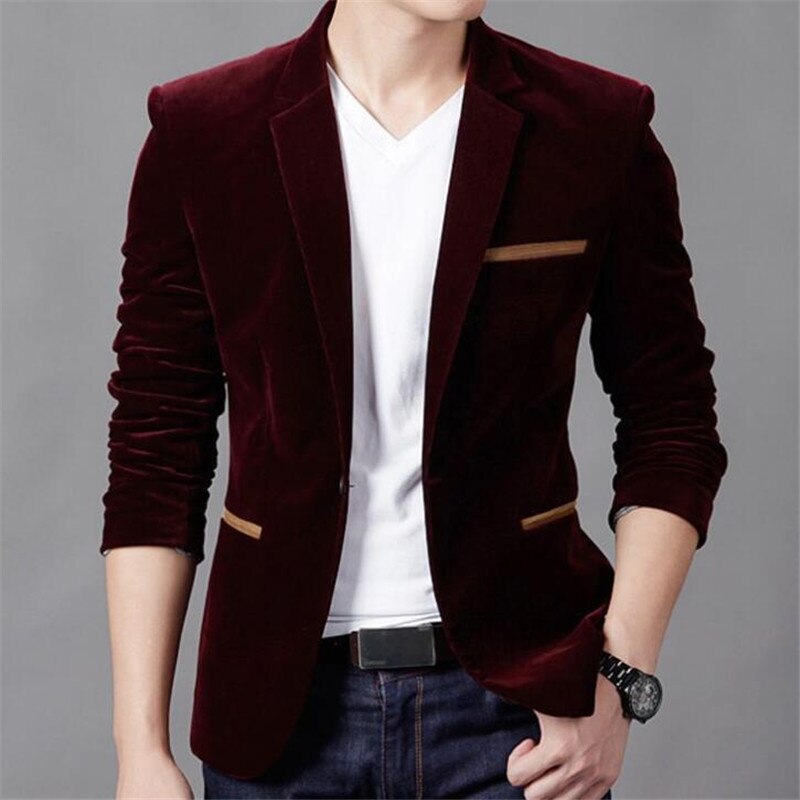 M-3XL Plus Size Men Blazer Slim Fit Cotton Jacket Black Navy Male Blazers Men Coat Wedding Blazers Outwear: Burgundy / M