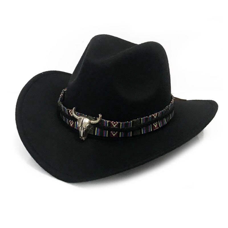 Mode Mannen Vrouwen Western Cowboy Hoed Met Koe Hoofd Band Brede Rand Hoed Pop Jazz Hoed Winter Wol Hoed Maat 56-58Cm: HT3412BK