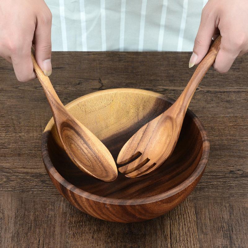 Large Wooden Spoon Set Big Salad Serving Spoon Fork Natural Wood Tablespoon Long Handled Cooking Spoon Kitchen Utensils