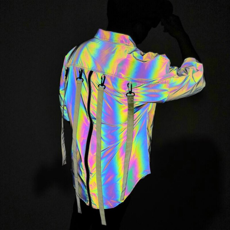 Reflective Light Blouse Men Rainbow Casual Shirts Plus Size Back Long Zipper Detachable Colourful Ribbons Hip Hop Streetwear