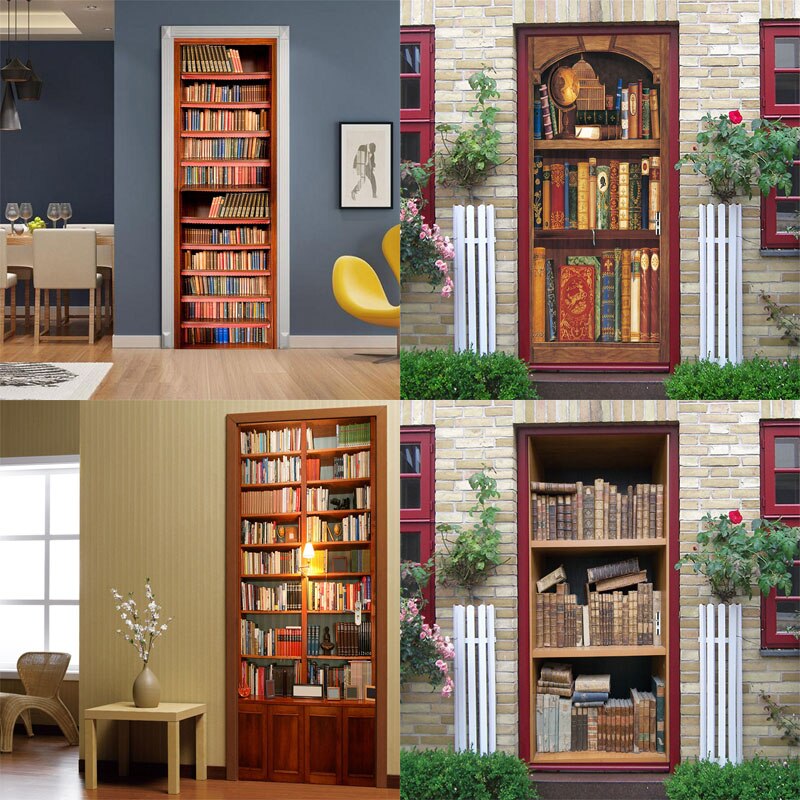 Retro Bookshelf Door Stickers Home Decoration Wall Art Self-Adhesive Bedroom Study Room Decor Door Decals Waterproof 2-Piece Set
