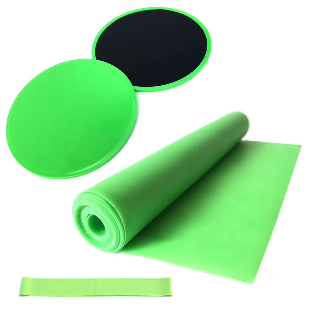 4-Piece Yoga Equipment Set - Core Sliders, Resistance Loop Band, Latex Strap: Green