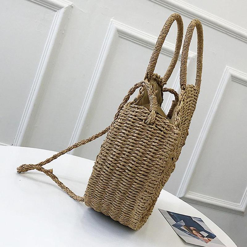 Bolso redondo de paja para mujer, tejida a mano bandolera de mimbre, para la playa,