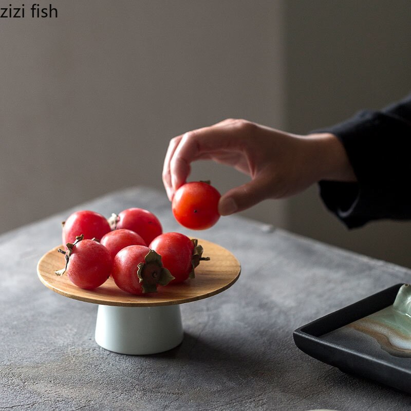 Cuenco de madera de bambú para fruta, platos de madera para postre, aperitivos, platos de cerámica, bandejas para servir de , mesa de café, platillo de té, soporte para pasteles