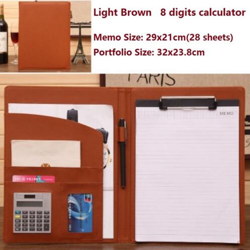 A4 office business classical file folder portfolio executive with clip board calculator document organizer: Light brwon 2