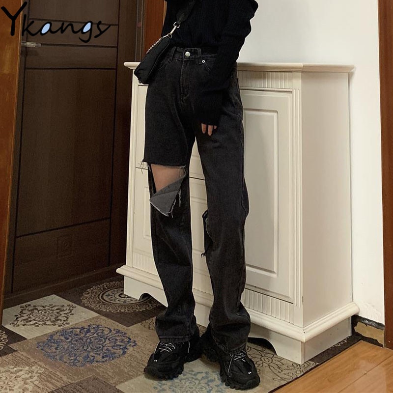 Ripped jeans til kvinder plus størrelse 5xl højtaljede mom jeans vintage sorte denimbukser fuld længde bukser harajuku hult hul