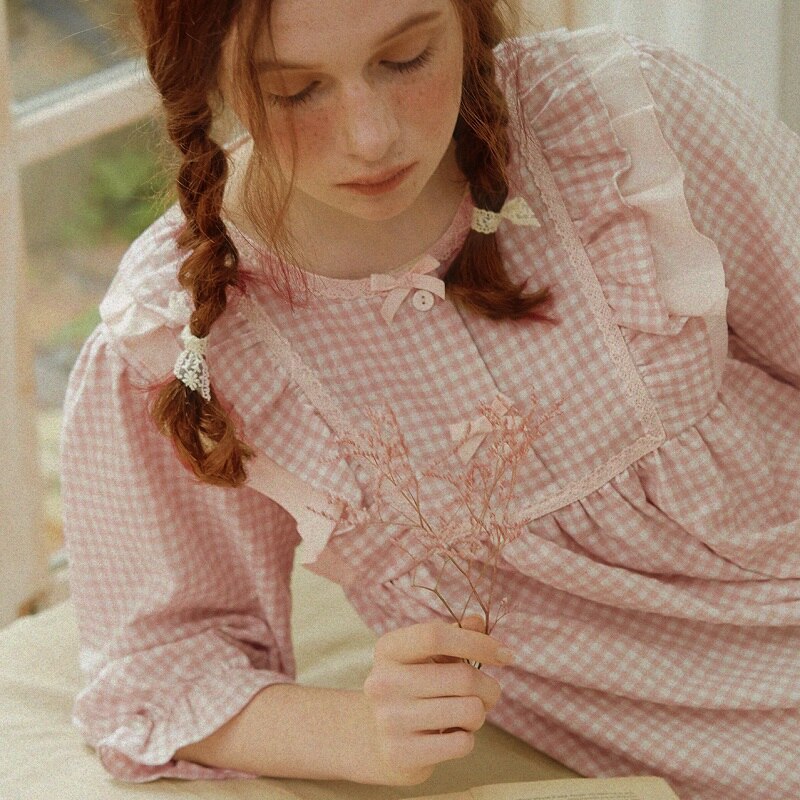 Vintage Cotton Women's Pajamas Sets Long Sleeve Ankel-length Girls Plaid Nightwear Spring Summer Loose Sleepwear Suits