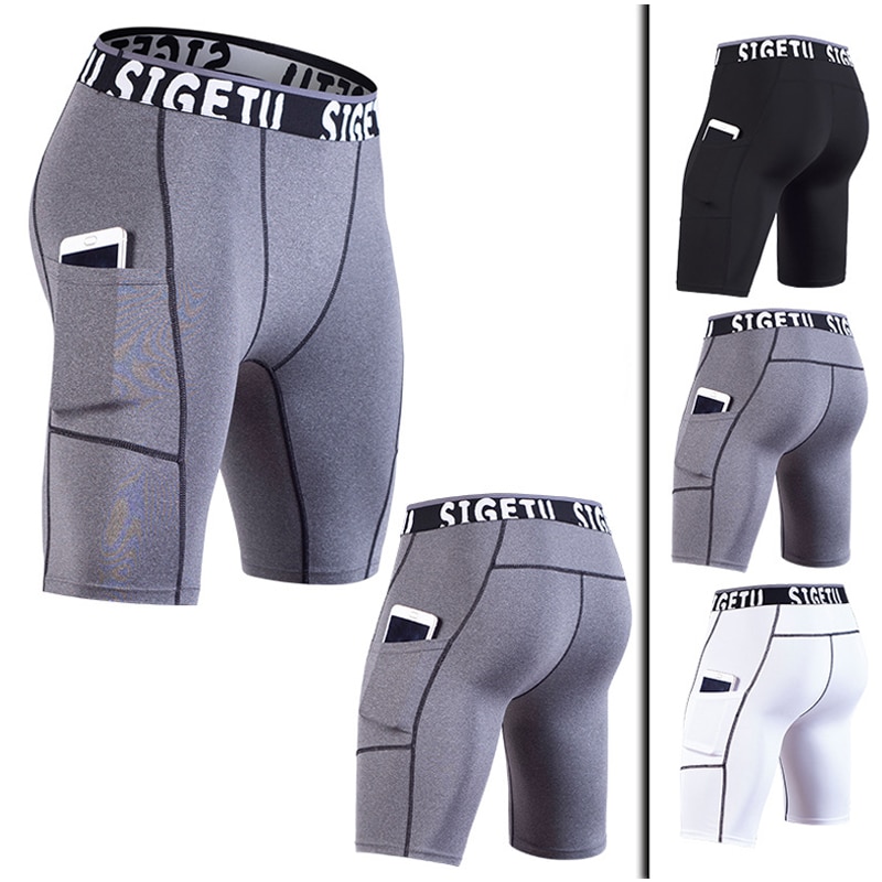 Hoge Elastische Gym Shorts Mannen Droge Fit Running Shorts Voetbal Telefoon Pocket Fitness Sport Shorts Workout Korte Leggings