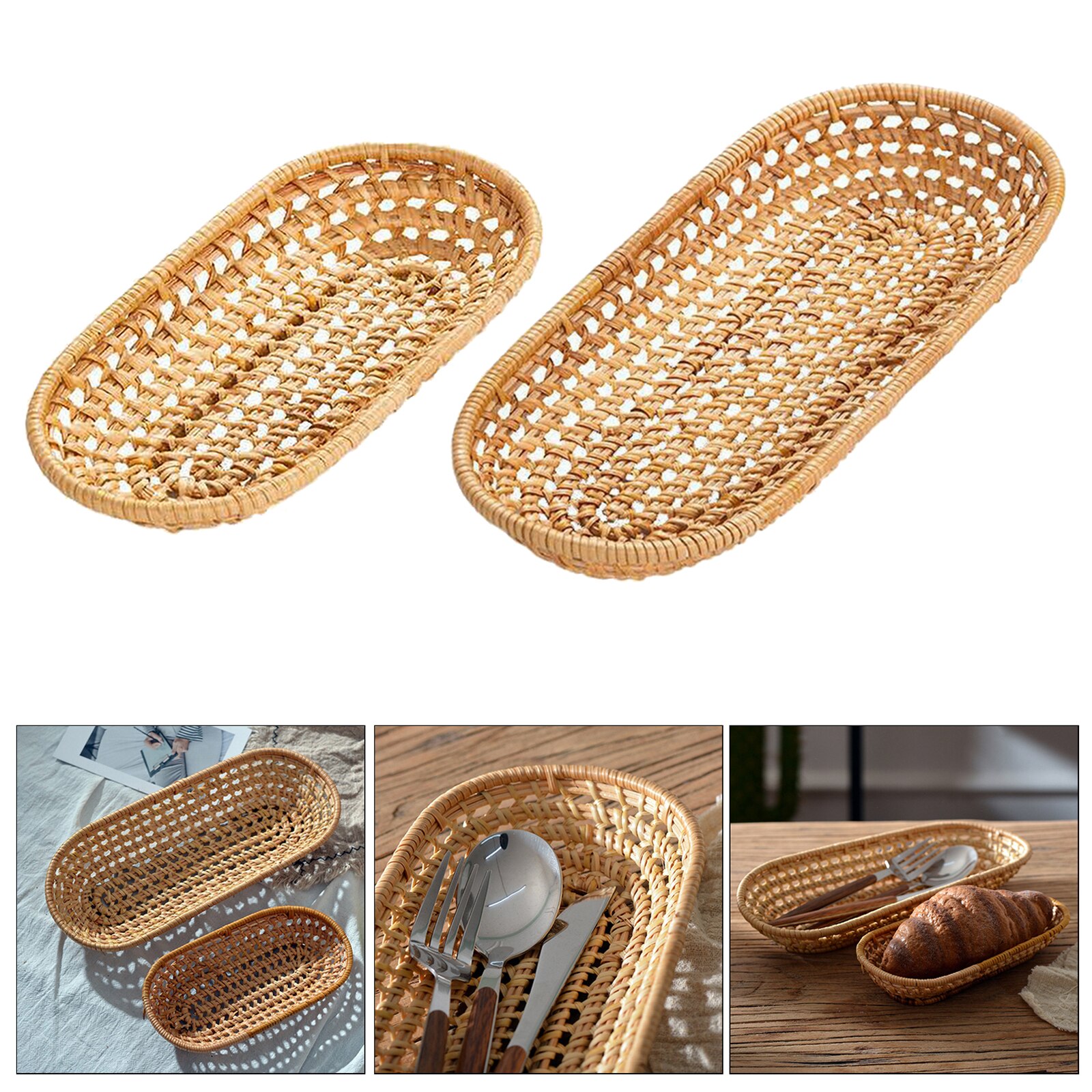 Rattan Bread Basket Woven Storage Basket Kitchen Bread Box Storage Boxes Rectangle Fruit Plate Trays Organizer
