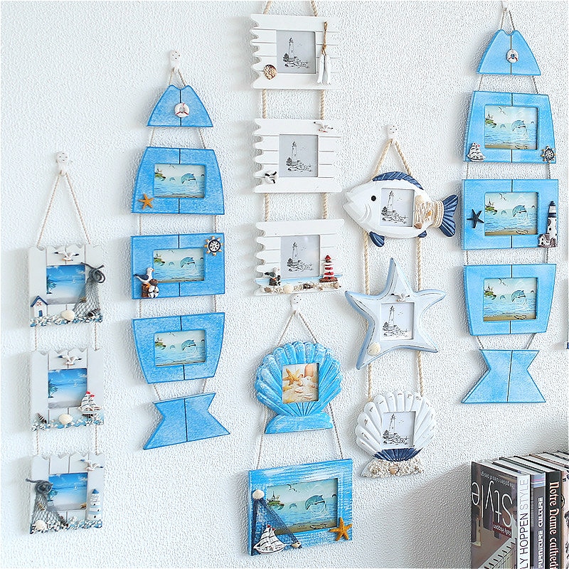 Mediterranean Wall Decoration Wooden Photo Frame Three-link Pictures Frame Starfish Shell Craft Kids Room Decoration Accessories