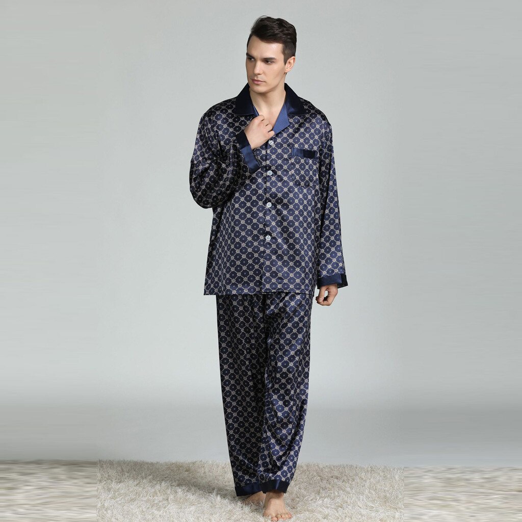 Zijden Pyjama Voor Mannen Lange Mouwen Pijama Hombre Zijden Pyjama Pak Nachtkleding Pijama De Los Hombres Pyjama Mannen Pigiama uomo: Blauw / L