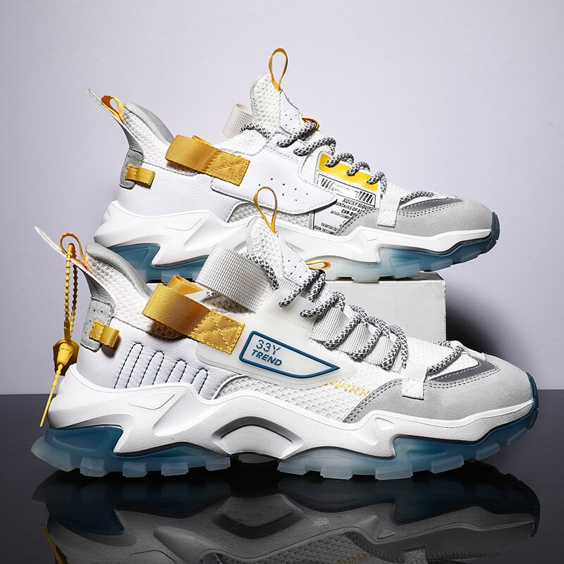 Hemmyi Chunky Sneakers mężczyźni odkryty platformy buty człowiek oddychające sznurowane męskie buty sportowe połączenie podeszwa wsparcie Dropshipping: white yellow / 8
