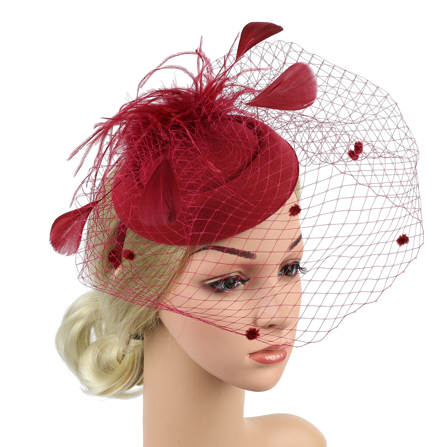 Frauen Fascinator Hütte Hochzeit Kirche Party Netz Schleier Stirnband Hütte Haar Clip Stirnband Blume Dame Schleier Hochzeit Dekor: Wein rot