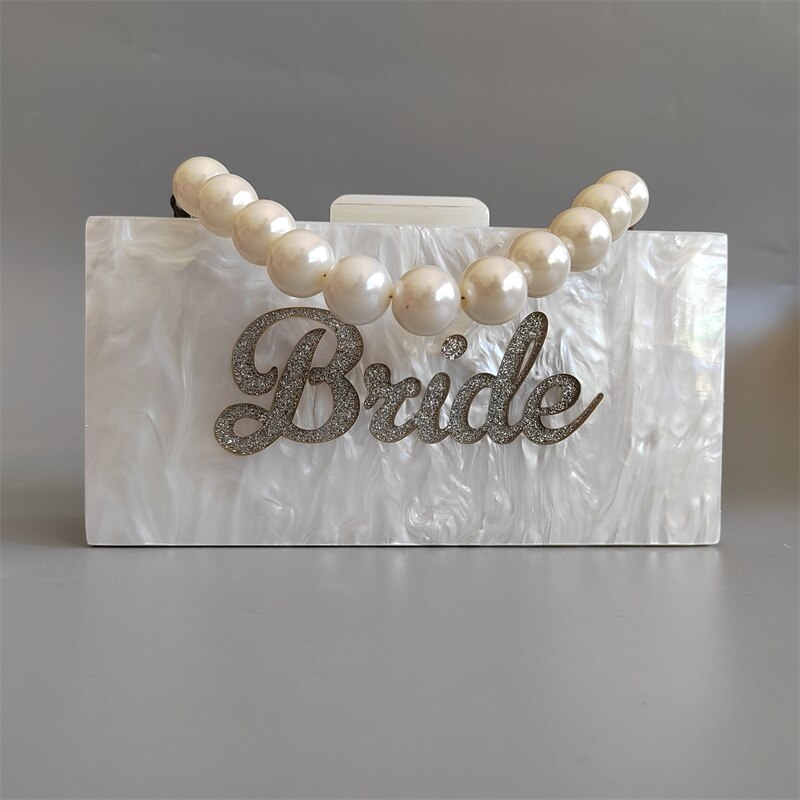 Pearl White Silver Glitter Name Bride Personal Party Beach Summer Lady Acrylic Claps Women Box Clutches Purse Wallet: bead chain