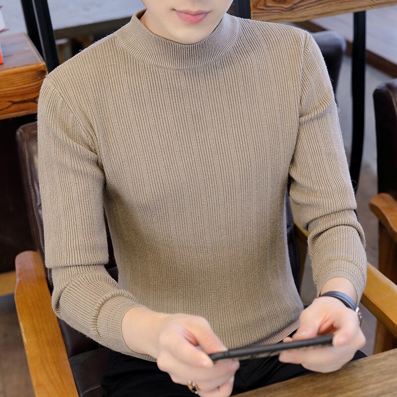 Pull homme efterår vinter rullekravetrøjer mænd slim fit pullover mænd hold varmen herre striktrøje afslappet sueter hombre: Khaki / Xxl