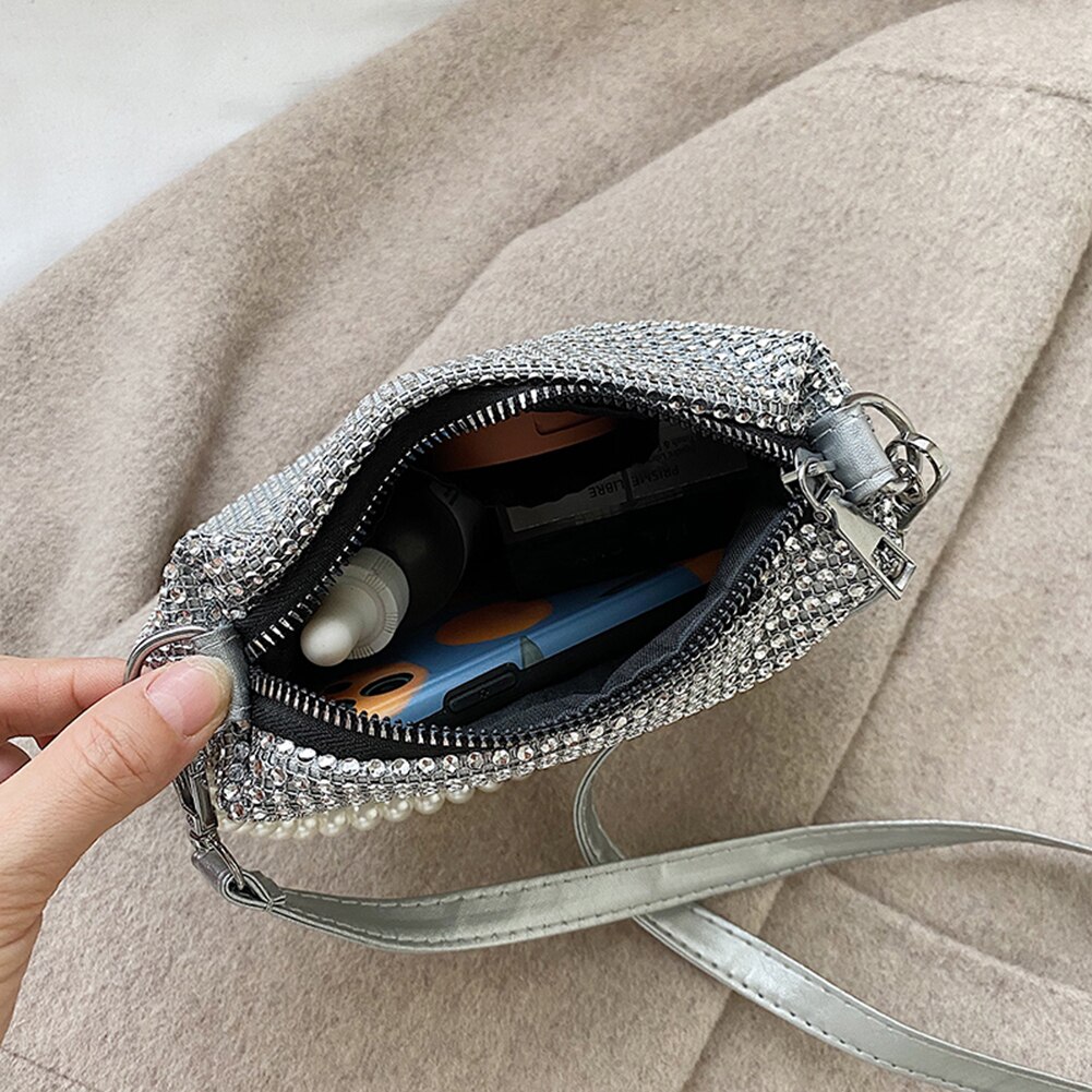 Shiny Rhinestone Crossbody Bag For Women Pearl Handle Tote Bags Female
