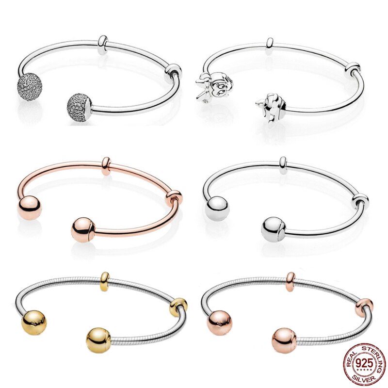 Pulsera clásica abierta de plata esterlina 925, brazalete de oro rosa sólido, adecuado para abalorios originales, exquisitos,