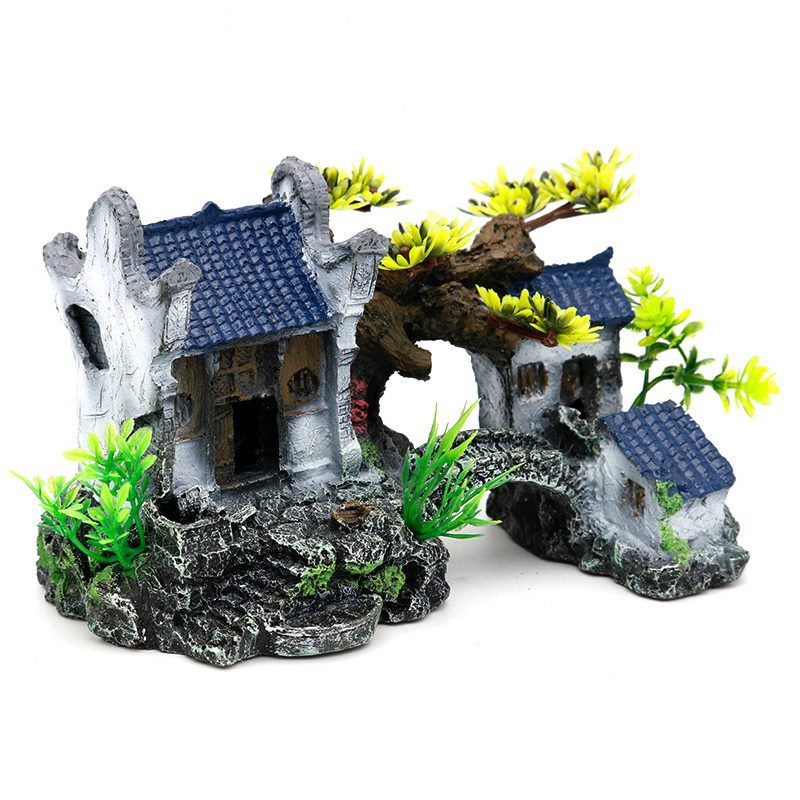 Fish Tank Landscaping Rockery Aquarium Decorative Landscaping Resin Retro Chinese Ornaments Style Jiangnan Hut Water Town