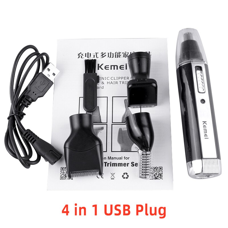 Kemei 4 in 1 uppladdningsbar män elektrisk näsöron hårtrimmer kvinnor trimma polisonger ögonbryn skägg hårklippare klippt rakapparat: 4 in 1 usb-kontakt