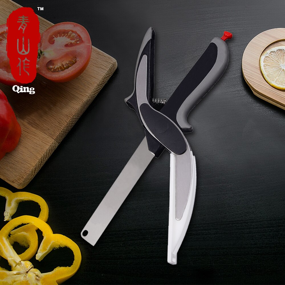 Qing Multifunctionele Rvs 2 In 1 Utility Cutter Schaar Mes & Board Smart Chef Flesopener Bone Cutter Kok tool