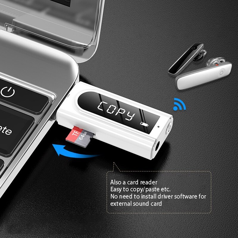 USB Bluetooth 5.0 Receiver Transmitter 2-In-1 FM Modulator Card 3.5mm AUX Jack Wireless o Adapter Handsfree Mic