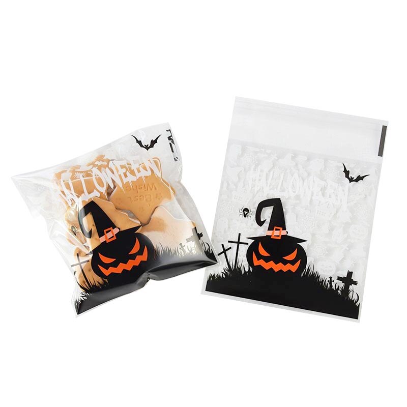 50 kpl 10*10cm onnellista halloween-pussia keksi-karkkipussi muovipakkauspussit kekseille välipala halloween-juhlien sisustustarvikkeet: B05