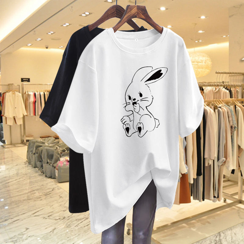 Vrouwen Kleding Korte Mouw Causale Cartoon Gedrukt T-shirt Zomer Basic Losse Alle Katoenen Top Tees Chic Y2k O-hals Truien: L / WHITE