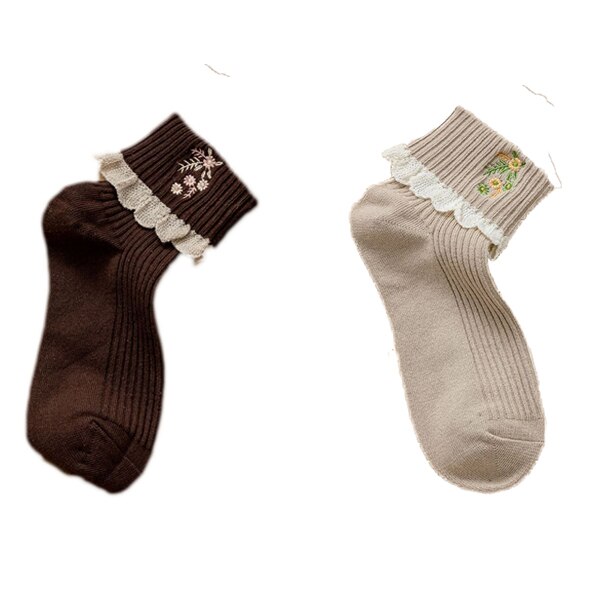 Calcetines con bordes de encaje para Mujer, medias con bordado de flores, Estilo Vintage, invierno, 2 pares: D 2Pair